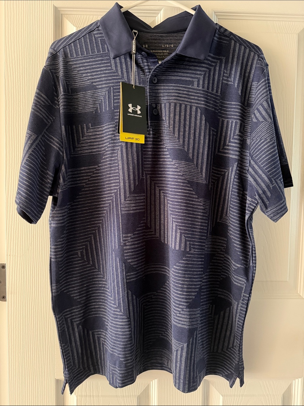 NWT Under Armour Golf Men's Navy Geometric Playoff Polo UPF 50, Size Large